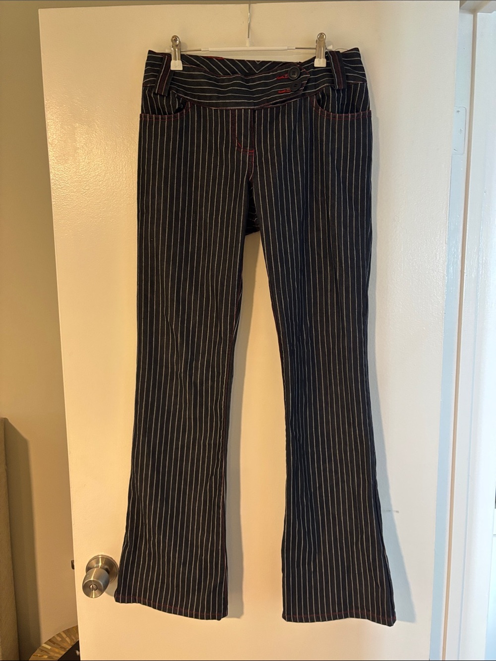 Wet Seal Black Pinstriped Flare Jeans with Subtle White Stripes